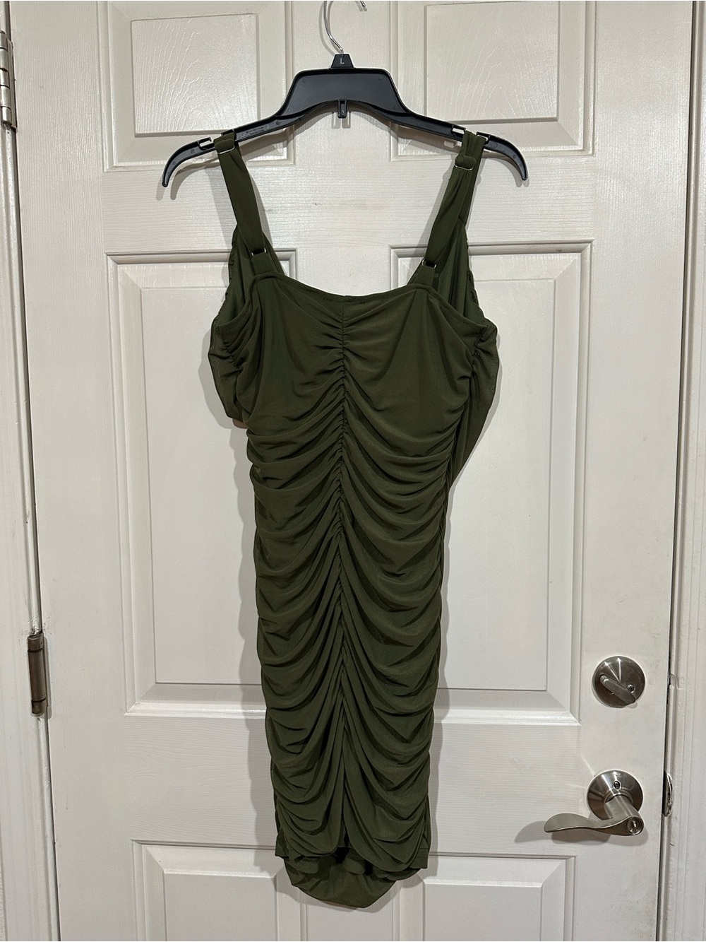 Olive Green Ruched Midi Dress with Adjustable Straps